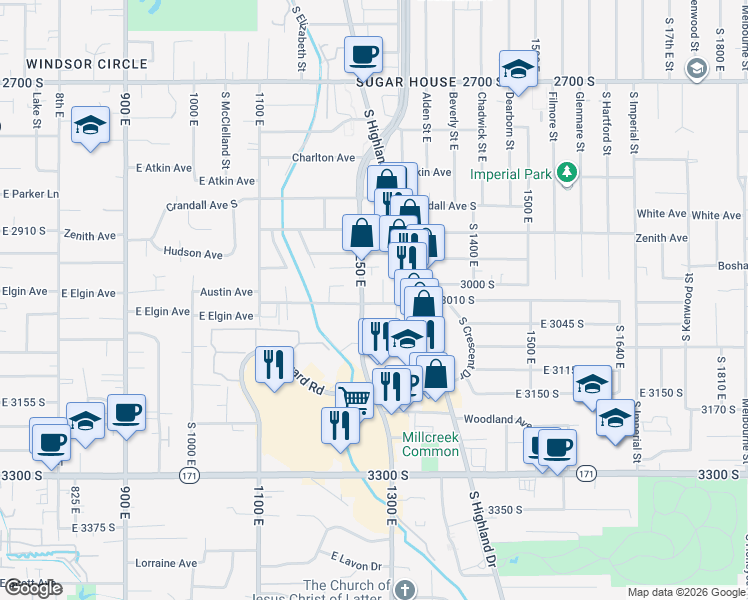 map of restaurants, bars, coffee shops, grocery stores, and more near in Millcreek
