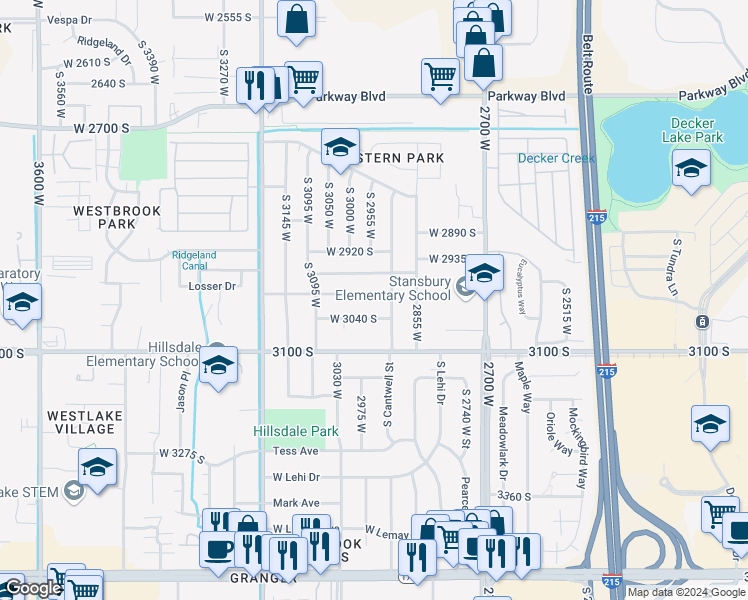 map of restaurants, bars, coffee shops, grocery stores, and more near 2961 West 2995 South in West Valley City