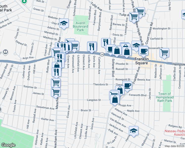 map of restaurants, bars, coffee shops, grocery stores, and more near 100 Doris Avenue in Franklin Square
