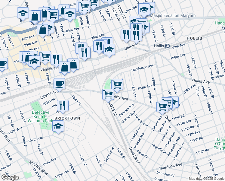 map of restaurants, bars, coffee shops, grocery stores, and more near 102-42 183rd Place in Queens