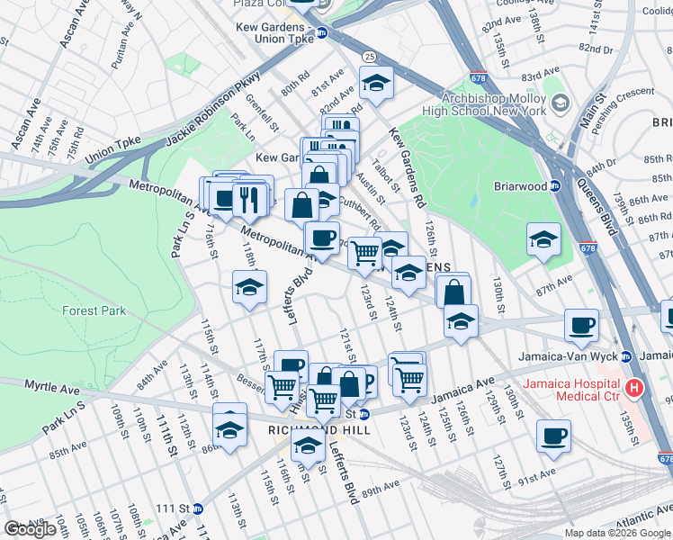 map of restaurants, bars, coffee shops, grocery stores, and more near in Queens