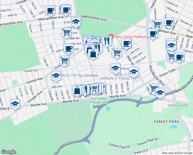 map of restaurants, bars, coffee shops, grocery stores, and more near 8106 78th Avenue in Queens