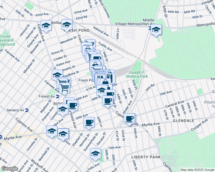 map of restaurants, bars, coffee shops, grocery stores, and more near 6715 Fresh Pond Road in Queens