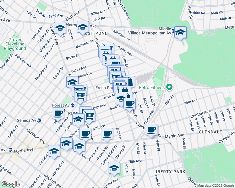 map of restaurants, bars, coffee shops, grocery stores, and more near 60-75 67th Avenue in Queens