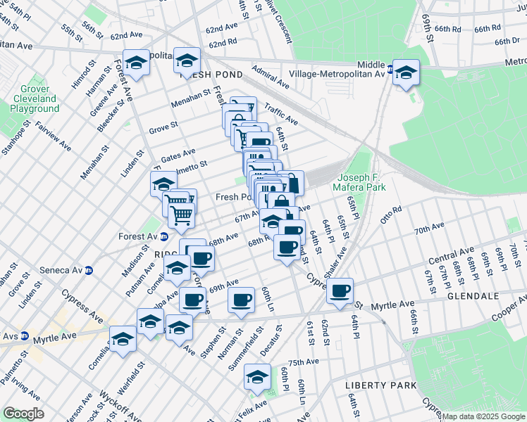 map of restaurants, bars, coffee shops, grocery stores, and more near 60-75 67th Avenue in Queens