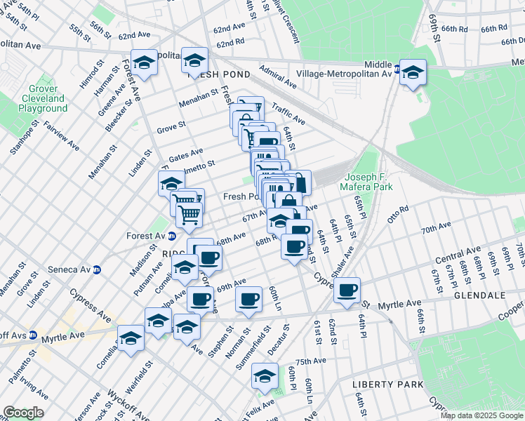 map of restaurants, bars, coffee shops, grocery stores, and more near 60-75 67th Avenue in Queens