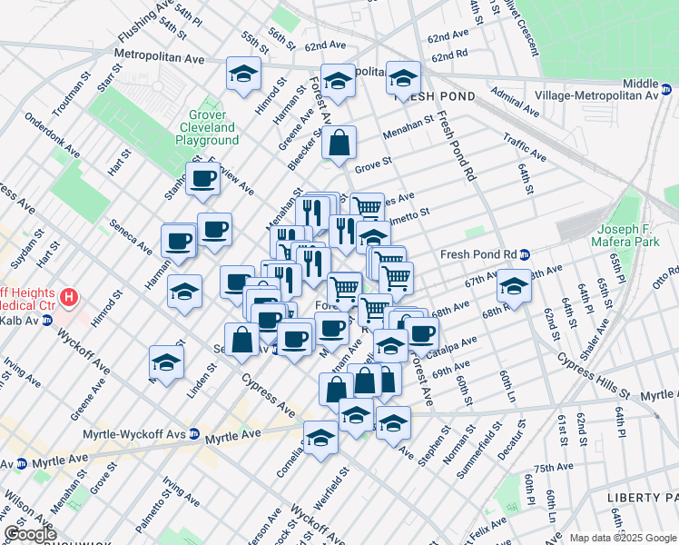 map of restaurants, bars, coffee shops, grocery stores, and more near 19-23 Palmetto Street in Queens