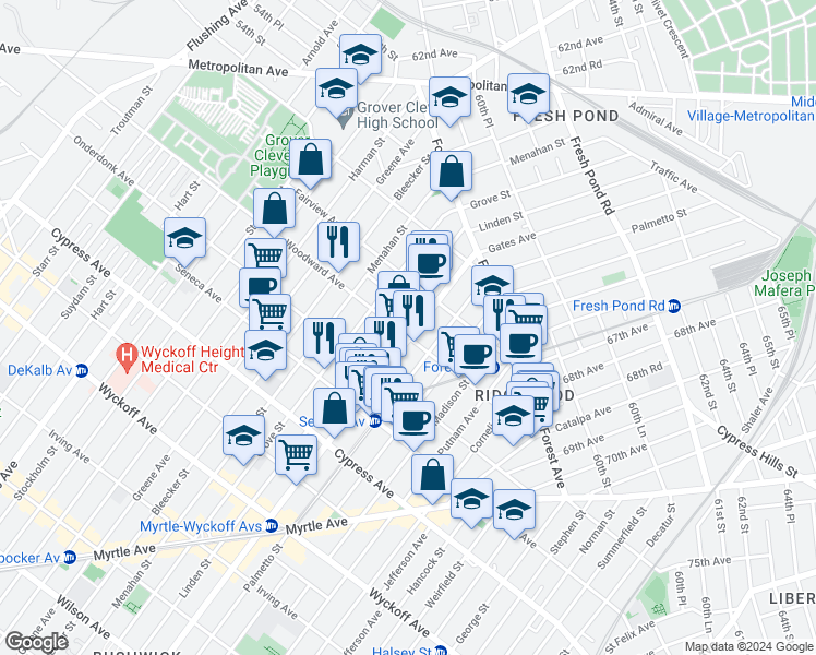 map of restaurants, bars, coffee shops, grocery stores, and more near 663 Woodward Avenue in Queens