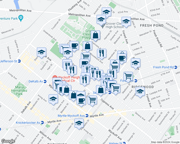 map of restaurants, bars, coffee shops, grocery stores, and more near 18-19 Bleecker Street in Queens