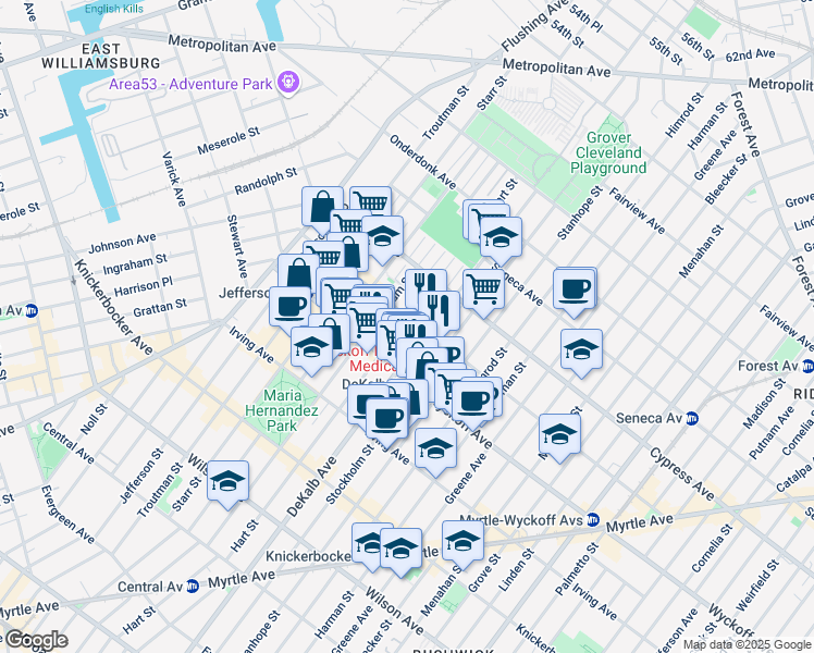 map of restaurants, bars, coffee shops, grocery stores, and more near 1690 DeKalb Avenue in Brooklyn