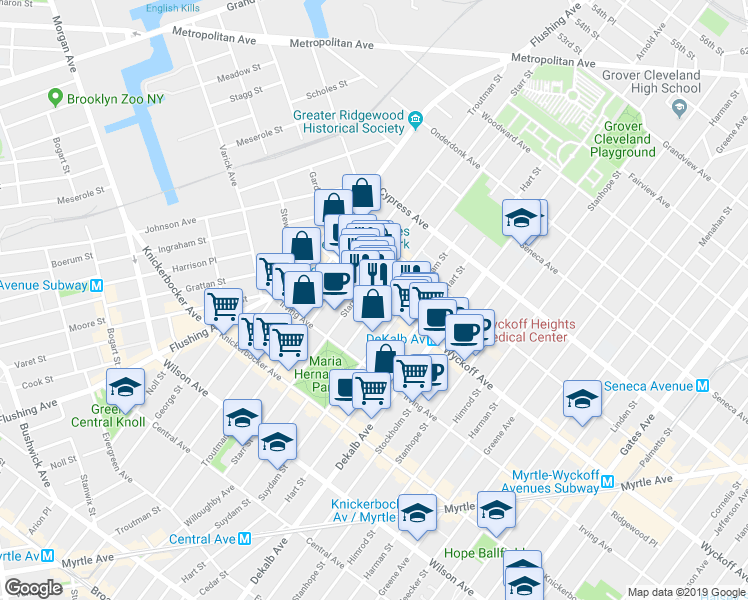 map of restaurants, bars, coffee shops, grocery stores, and more near 52 Wyckoff Avenue in Brooklyn