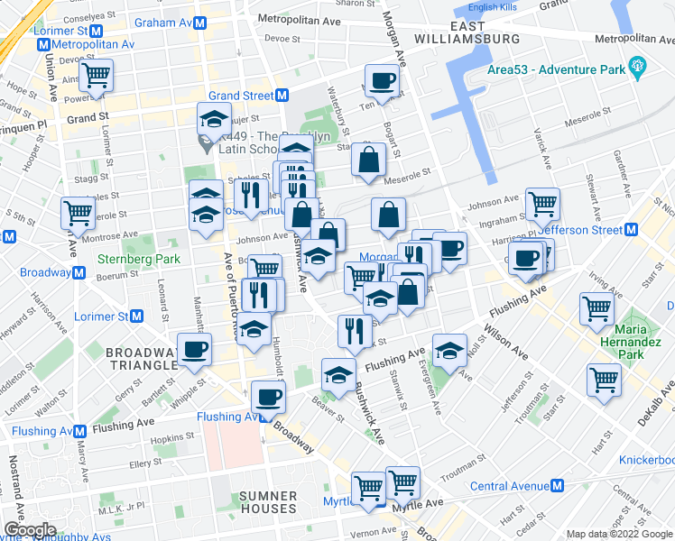 map of restaurants, bars, coffee shops, grocery stores, and more near 3 McKibbin Court in Brooklyn