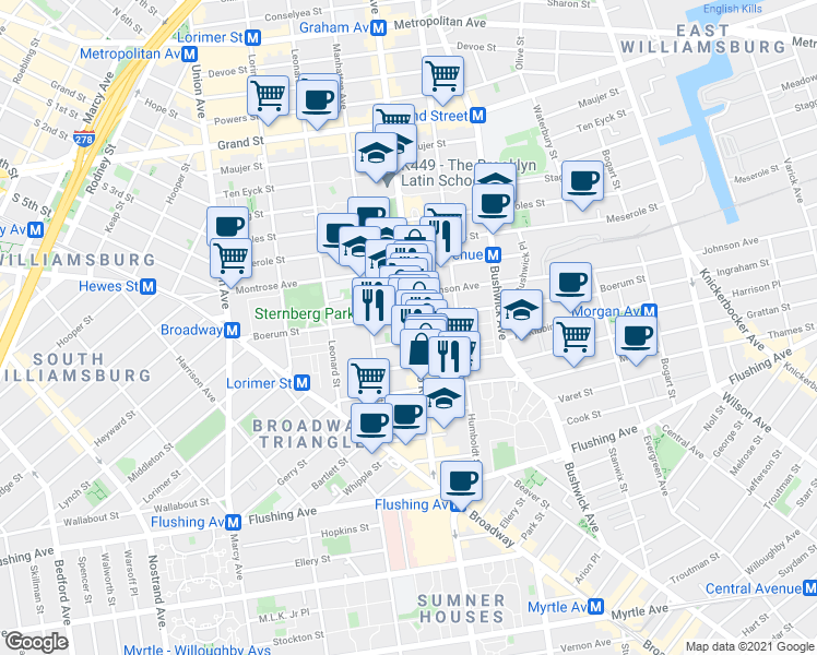 map of restaurants, bars, coffee shops, grocery stores, and more near in Brooklyn