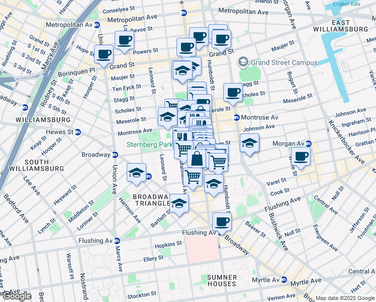 map of restaurants, bars, coffee shops, grocery stores, and more near 124 Boerum Street in Brooklyn