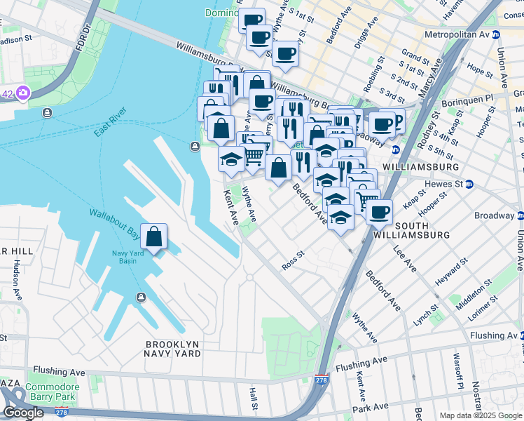 map of restaurants, bars, coffee shops, grocery stores, and more near 541 Wythe Avenue in Brooklyn