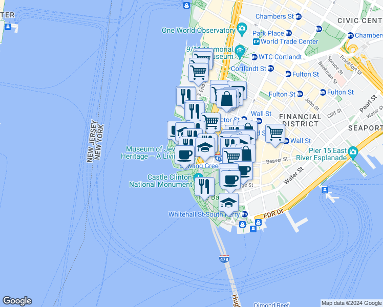 map of restaurants, bars, coffee shops, grocery stores, and more near 25 Battery Place in New York