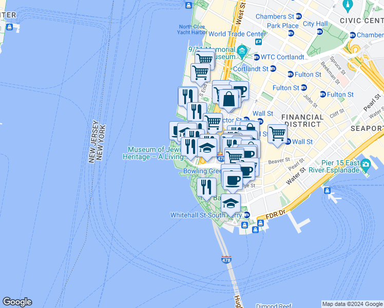 map of restaurants, bars, coffee shops, grocery stores, and more near 25 Battery Place in New York