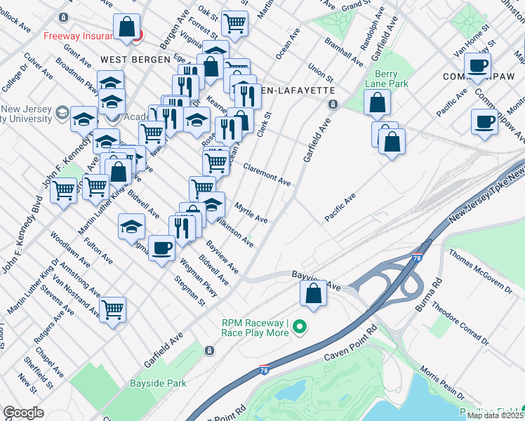map of restaurants, bars, coffee shops, grocery stores, and more near 32 Myrtle Avenue in Jersey City