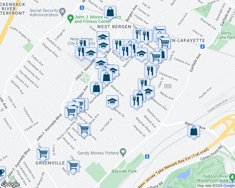 map of restaurants, bars, coffee shops, grocery stores, and more near 142 Bidwell Avenue in Jersey City