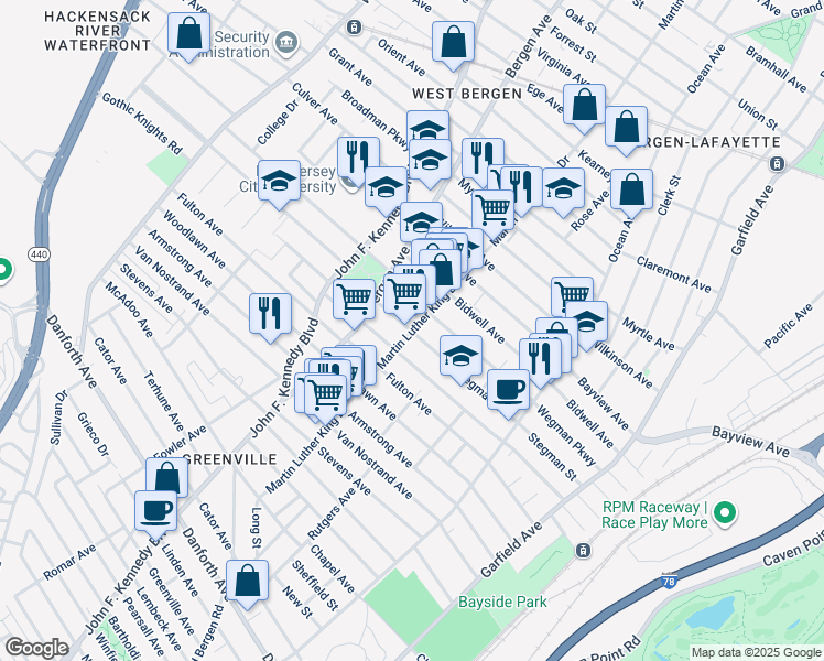map of restaurants, bars, coffee shops, grocery stores, and more near 169 Martin Luther King Junior Drive in Jersey City