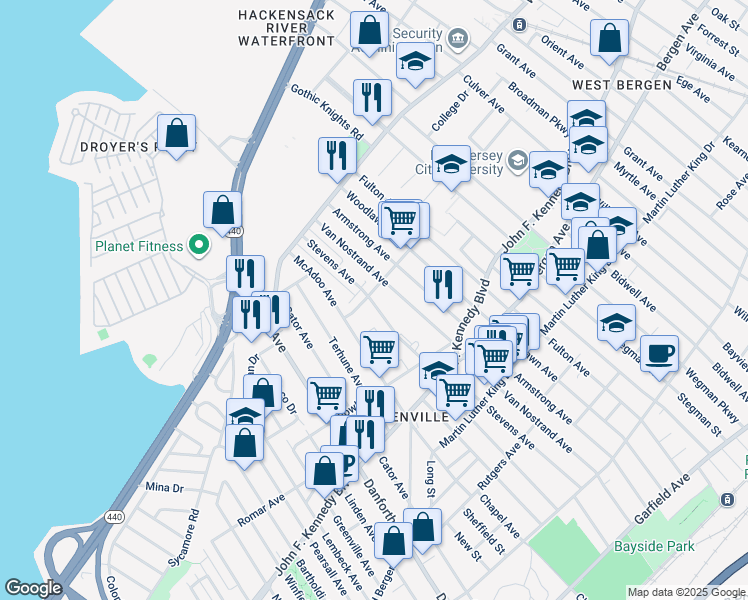 map of restaurants, bars, coffee shops, grocery stores, and more near 86 Sterling Avenue in Jersey City