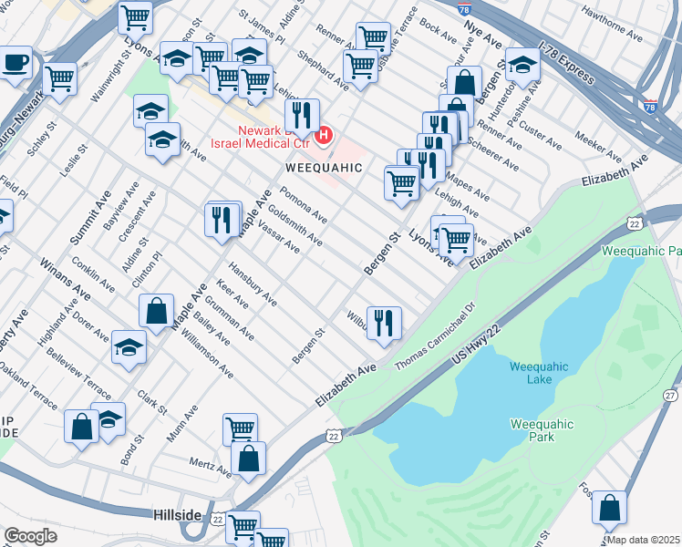 map of restaurants, bars, coffee shops, grocery stores, and more near 1135 Bergen Street in Newark