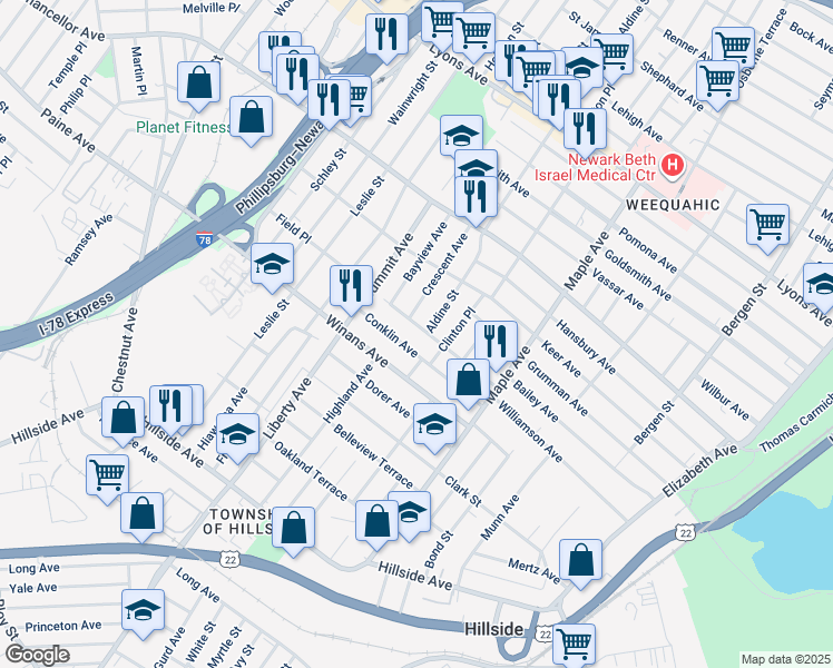 map of restaurants, bars, coffee shops, grocery stores, and more near 267 Conklin Avenue in Hillside