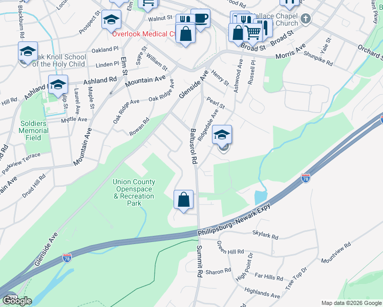 map of restaurants, bars, coffee shops, grocery stores, and more near 55 Baltusrol Road in Summit