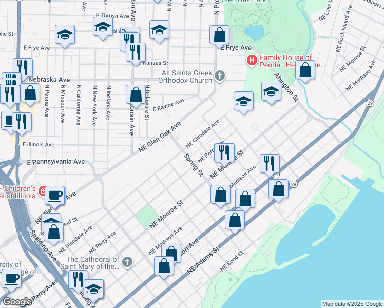 map of restaurants, bars, coffee shops, grocery stores, and more near 721 Spring Street in Peoria