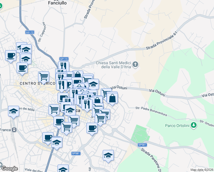map of restaurants, bars, coffee shops, grocery stores, and more near 3 Via Ostuni in Provincia di Taranto