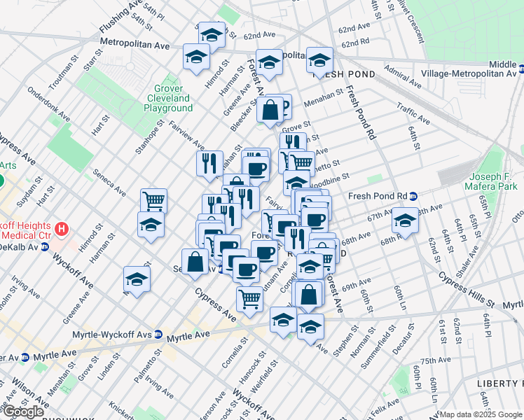 map of restaurants, bars, coffee shops, grocery stores, and more near 19-23 Palmetto Street in Queens