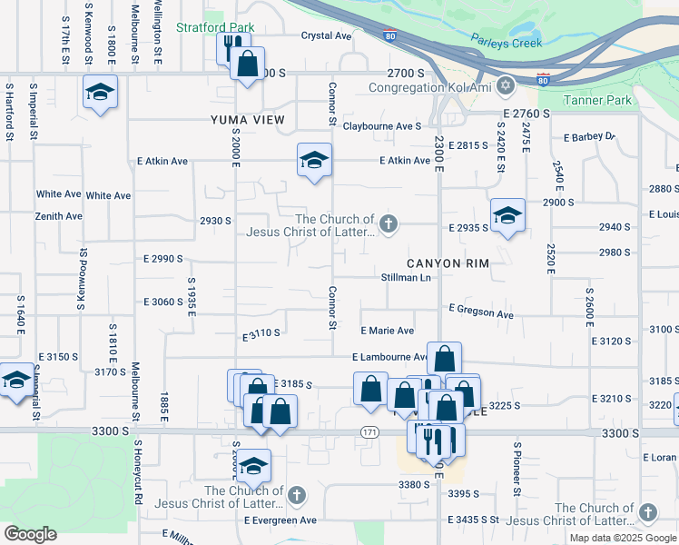 map of restaurants, bars, coffee shops, grocery stores, and more near 3015 Connor Street in Salt Lake City