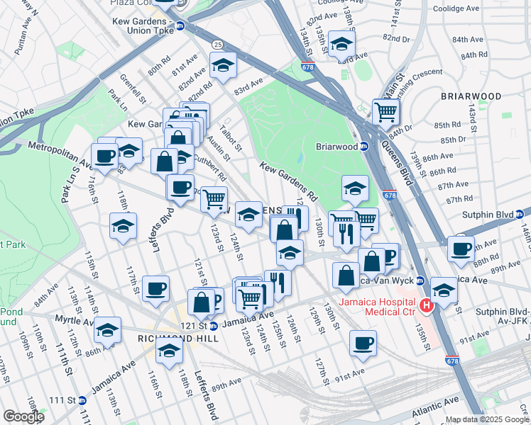 map of restaurants, bars, coffee shops, grocery stores, and more near 84-124 Austin Street in Queens