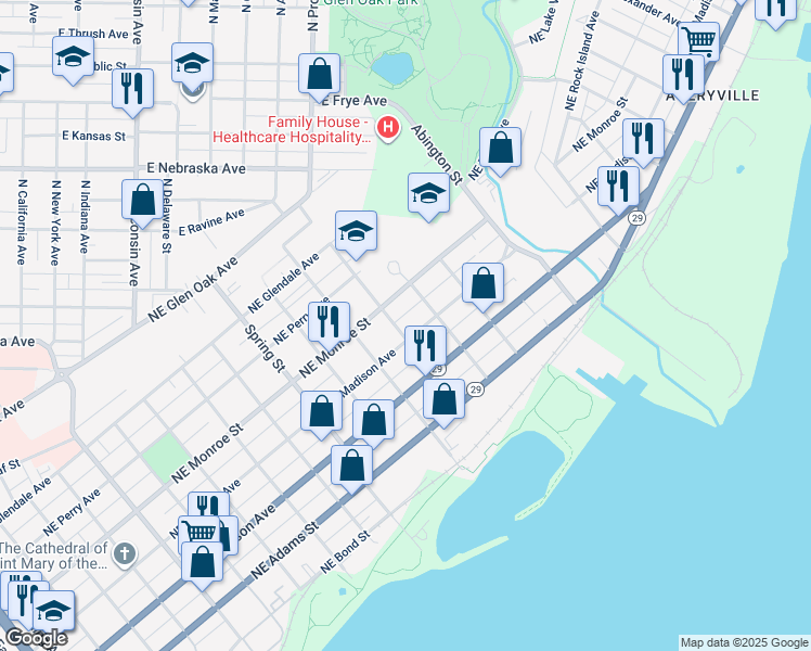 map of restaurants, bars, coffee shops, grocery stores, and more near 1525 Northeast Madison Avenue in Peoria