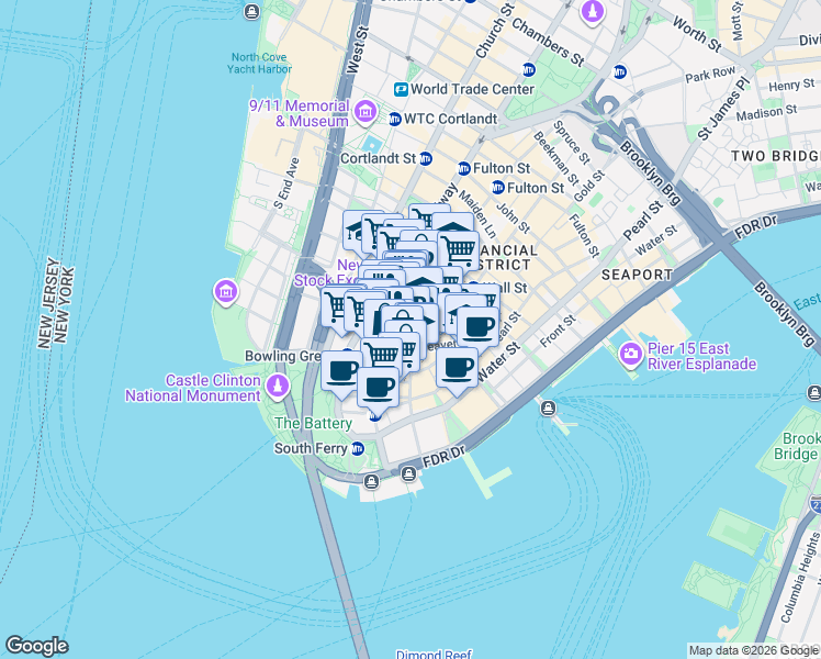 map of restaurants, bars, coffee shops, grocery stores, and more near 60 Broad Street in New York