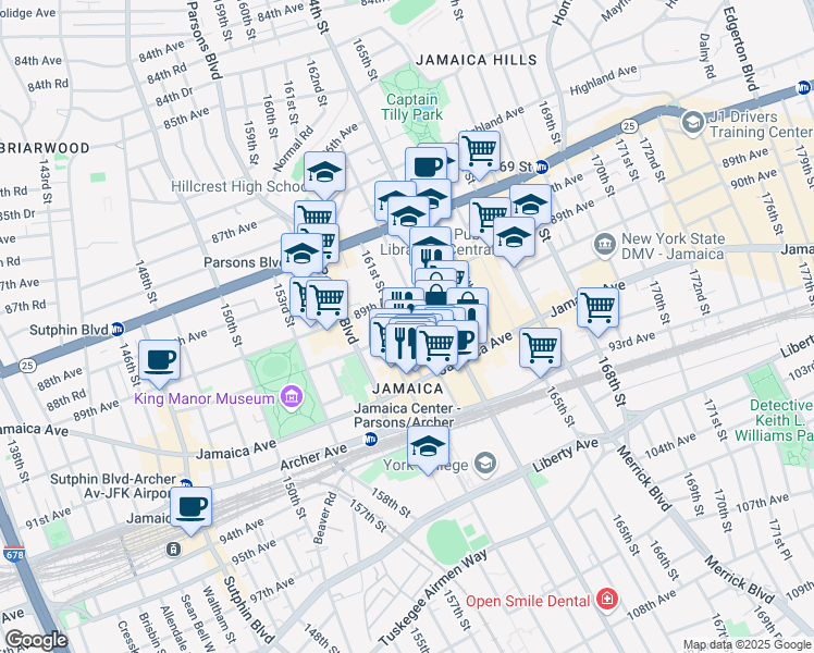 map of restaurants, bars, coffee shops, grocery stores, and more near 89-44 162nd Street in Queens