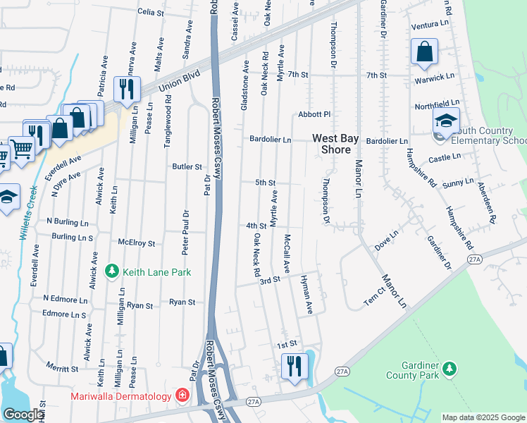 map of restaurants, bars, coffee shops, grocery stores, and more near 414 Oak Neck Road in West Islip