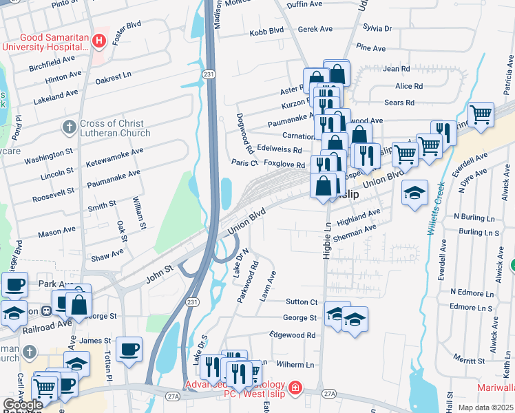 map of restaurants, bars, coffee shops, grocery stores, and more near 201 Union Boulevard in West Islip