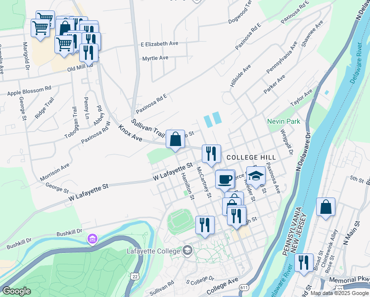 map of restaurants, bars, coffee shops, grocery stores, and more near 910 Knox Avenue in Easton