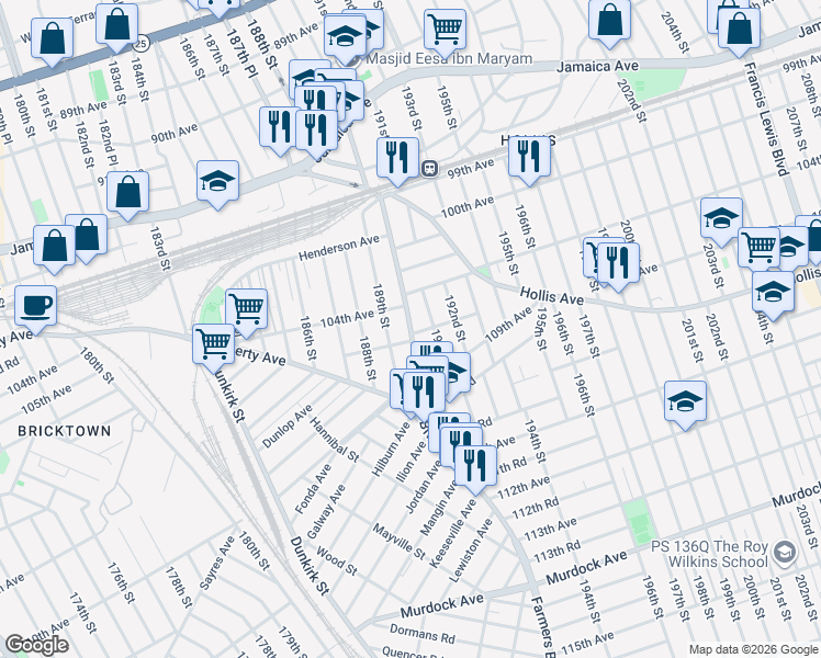 map of restaurants, bars, coffee shops, grocery stores, and more near 104-38 Farmers Boulevard in Queens