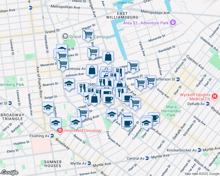 map of restaurants, bars, coffee shops, grocery stores, and more near 12 Harrison Place in Brooklyn