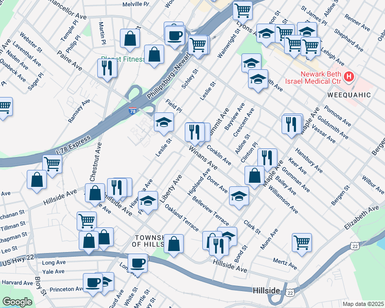 map of restaurants, bars, coffee shops, grocery stores, and more near 307 Itaska Street in Hillside