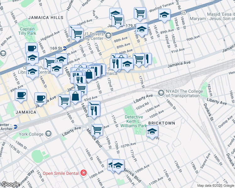 map of restaurants, bars, coffee shops, grocery stores, and more near 9307 Atari Lane in Queens