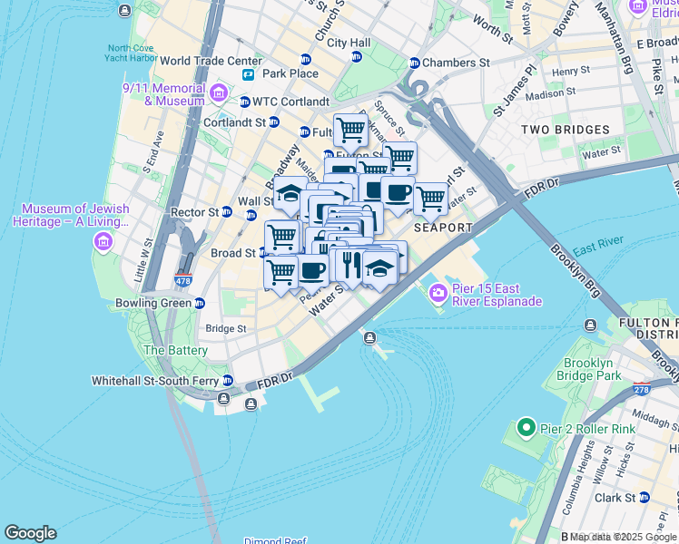 map of restaurants, bars, coffee shops, grocery stores, and more near 80 Broad Street in New York