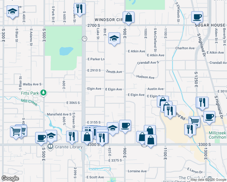 map of restaurants, bars, coffee shops, grocery stores, and more near 838 East Elgin Avenue in Salt Lake City