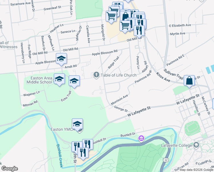 map of restaurants, bars, coffee shops, grocery stores, and more near 548 Toboggan Trail in Easton