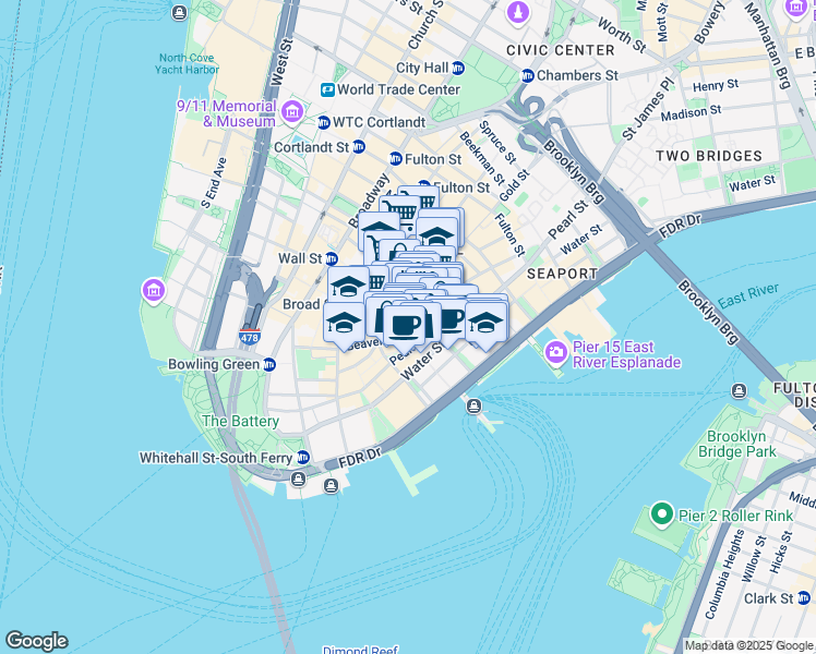 map of restaurants, bars, coffee shops, grocery stores, and more near 74 Wall Street in New York