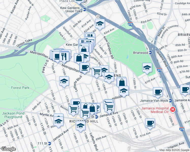 map of restaurants, bars, coffee shops, grocery stores, and more near 82-83 Brevoort Street in Queens