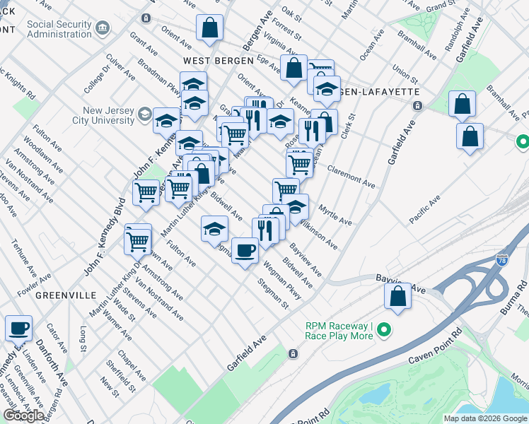 map of restaurants, bars, coffee shops, grocery stores, and more near 116 Bayview Avenue in Jersey City
