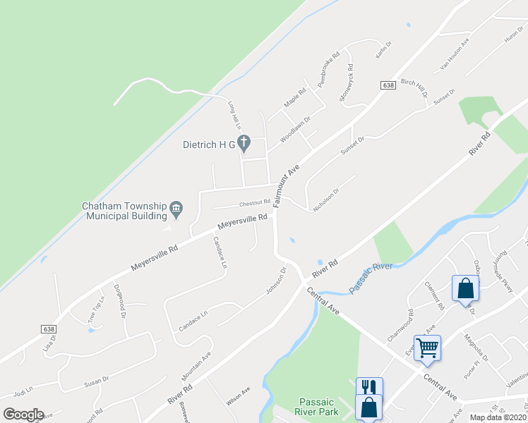 map of restaurants, bars, coffee shops, grocery stores, and more near 6 Meyersville Road in Chatham Township